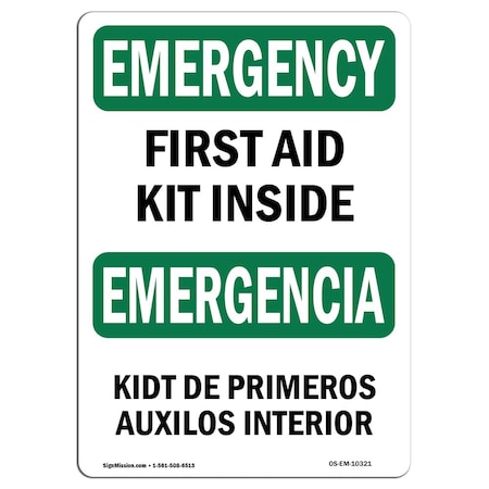 Signmission OSHA Emergency Sign, 7" H, Plastic, First Aid Kit Inside Bilingual, Landscape, EM-P-L-10321 OS-EM-P-710-L-10321